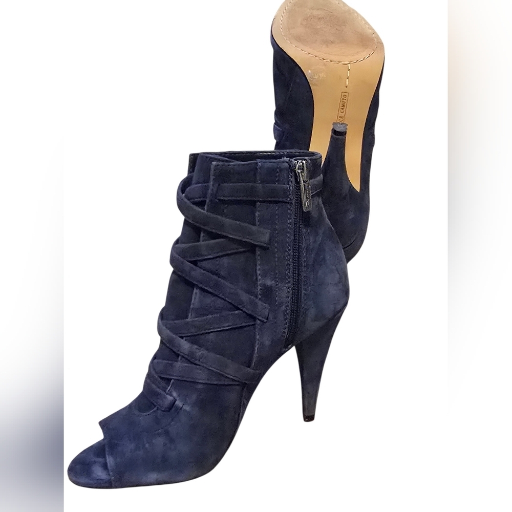 Vince Camuto Aranda Navy Blue Suede Caged Peep Toe Booties - Size 6.5